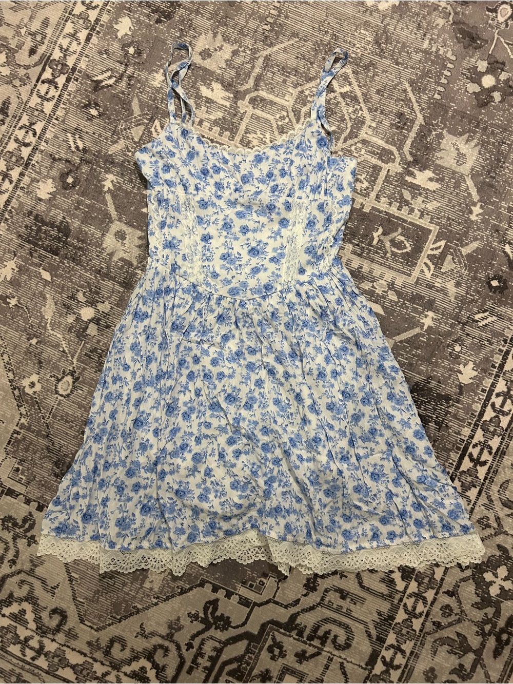 RSQ Blue Floral Lace-Trim Spaghetti Strap Dress